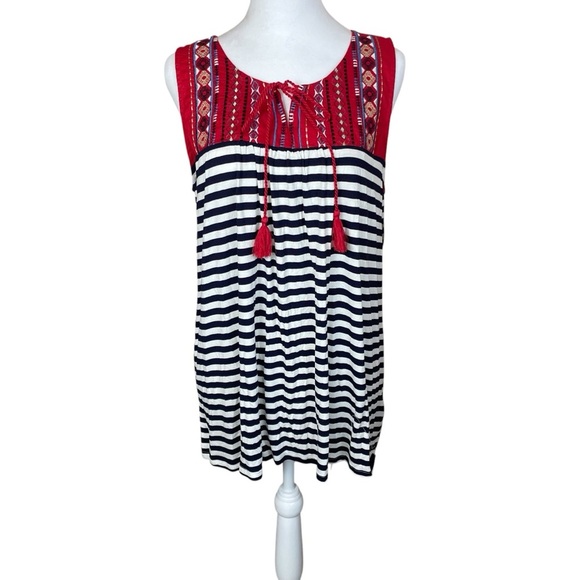 Hannah Blue White Stripe Red Boho Sleeveless Top Tassels Embroidery Large NWT - Picture 1 of 9